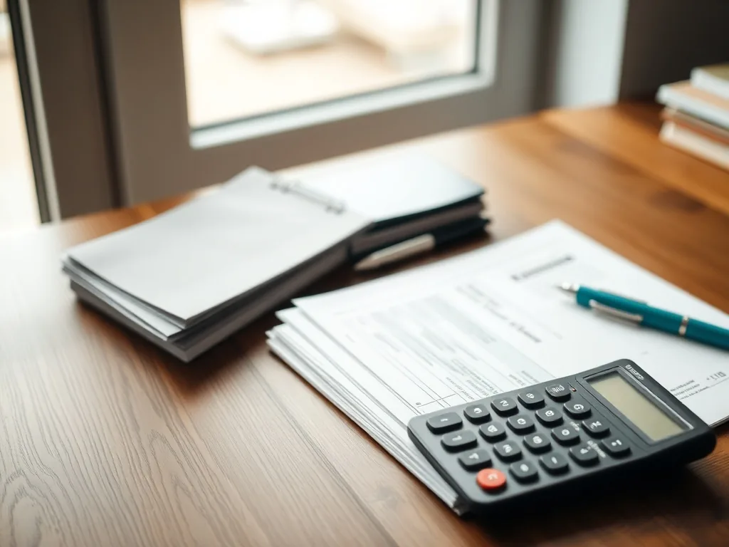 Calculatrice, liasse fiscale 2044 et crayon sur un bureau, illustration du calcul du déficit foncier