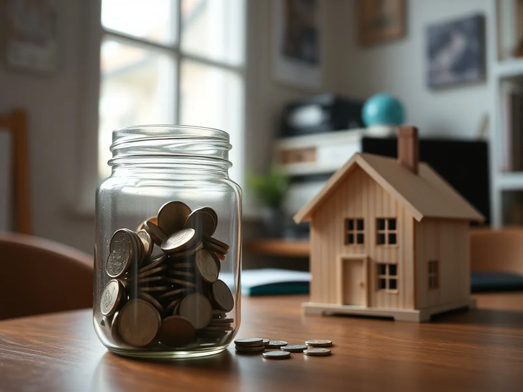 Calculatrice, pièces de monnaie, et plans immobiliers disposés sur un bureau, avec lumière naturelle