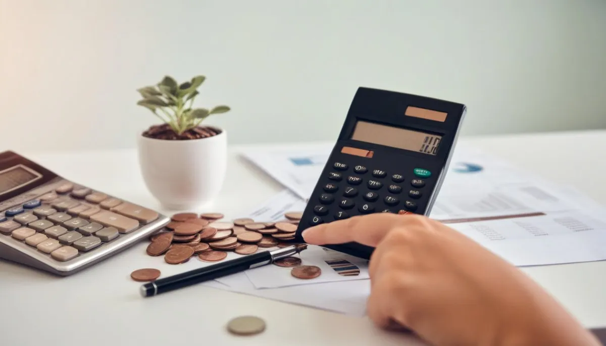 Bureau avec calculatrice, dossier de regroupement de crédits ouvert et tableau de mensualités annoté
