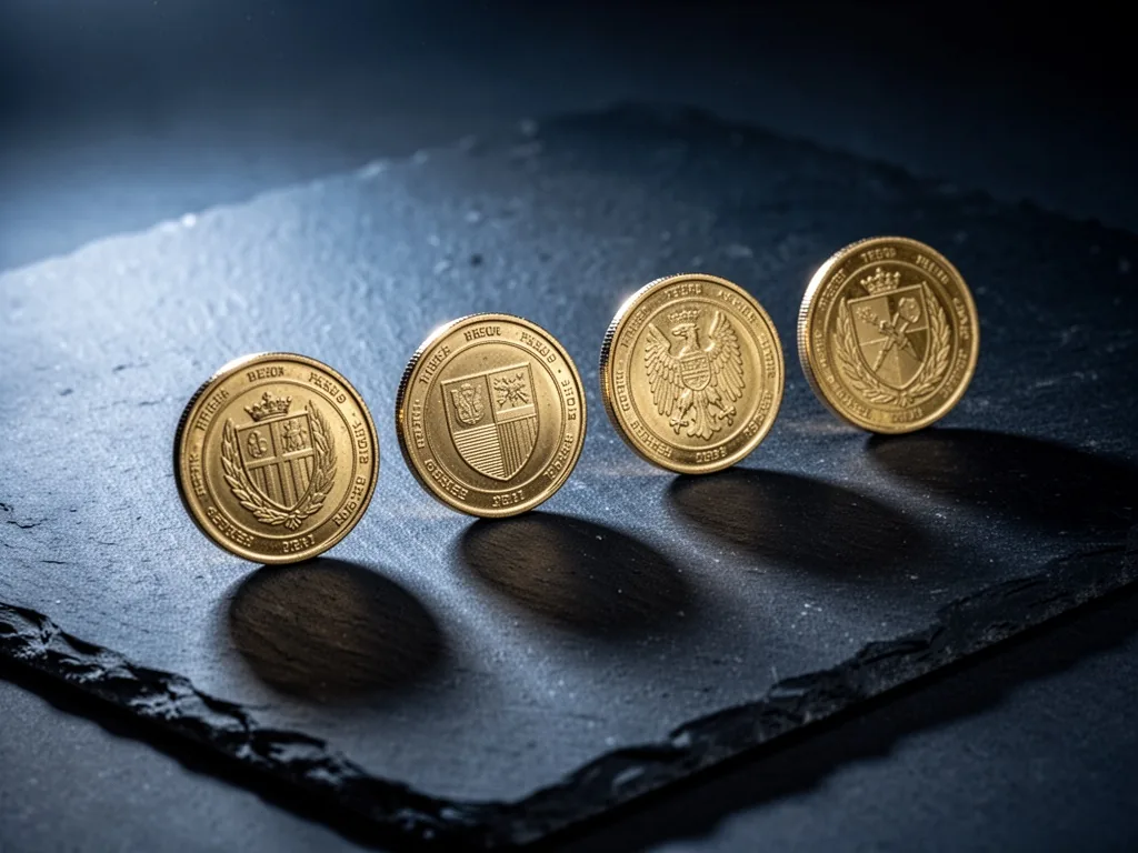 Four golden coins arranged in a row on a dark slate surface, each coin with a different emblem, soft side light casting