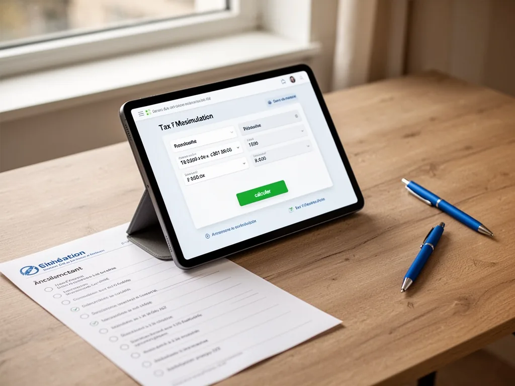 A tablet screen displaying a tax simulation interface with a green 'calculer' button, on a wooden desk beside a printed
